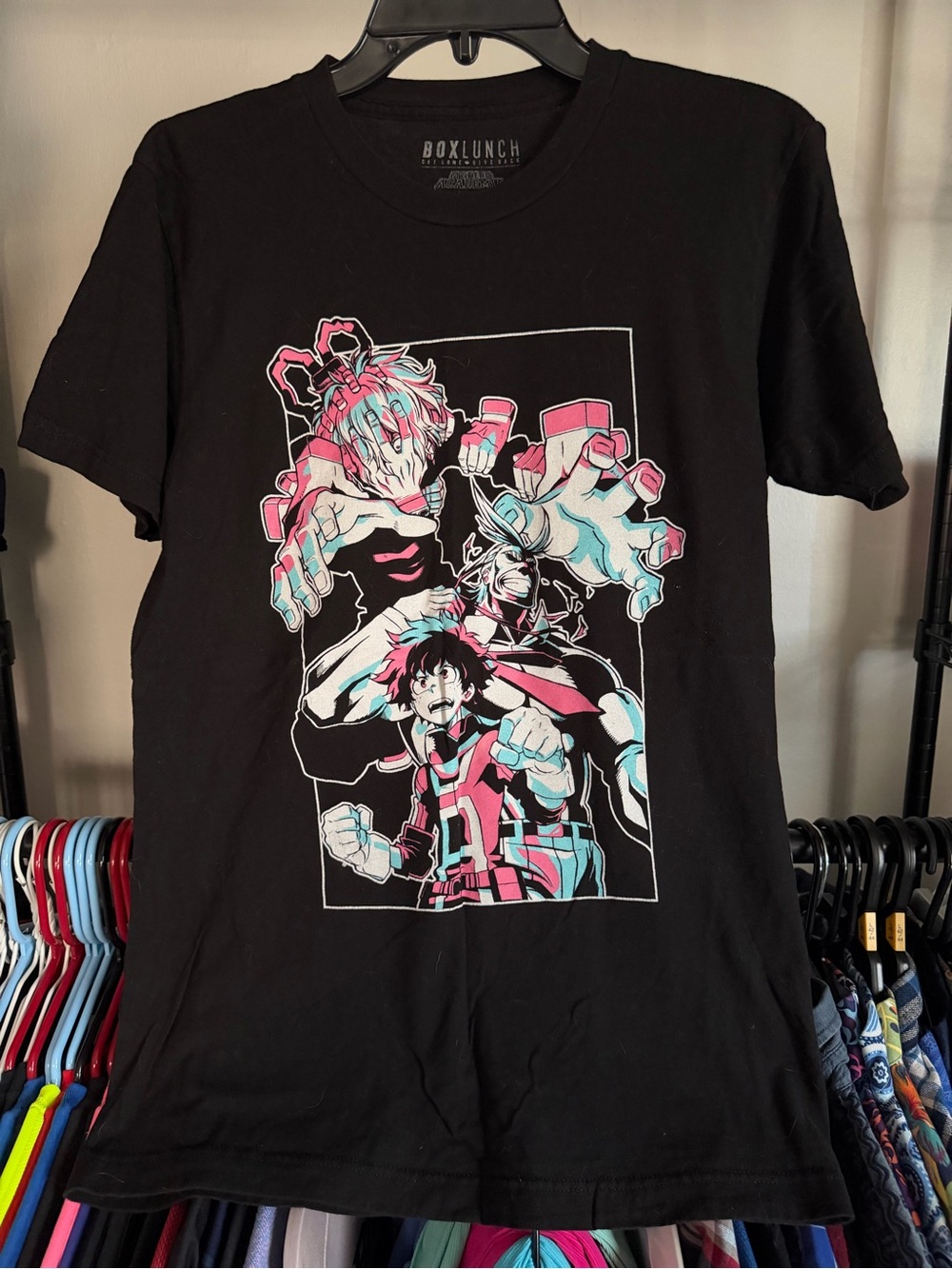 My Hero Academia Black Graphic Tee - Pink/Teal Print